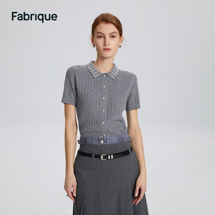 Fabrique 珍珠装饰Polo领短款针织开衫女2024春夏短袖上衣