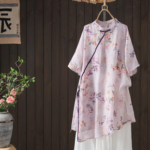新中式复古苎麻中长款衬衣女，夏季薄款印花盘扣，侧开叉显瘦茶服上衣
