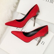 韩版尖头单鞋女鞋婚鞋红色，新娘鞋金属，镂空绒面细跟10cm高跟鞋
