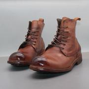 固特异手工制作真皮男靴，子头层牛皮重工，水洗做旧复古马丁靴皮底靴