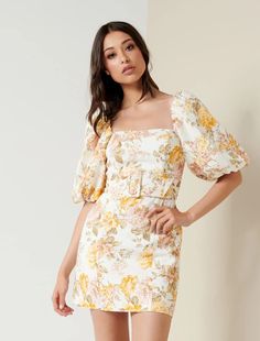 澳洲小众FN 黄色系棉麻混纺印花法式方领泡泡袖连衣裙短裙