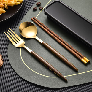 筷子勺子套装不锈钢便携餐具，收纳盒叉子家用单人木筷子三件套