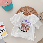 女童韩版卡通t恤0-6岁夏季女宝宝洋气，蕾丝娃娃领短袖上衣潮cy524
