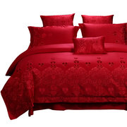 欧式贡缎婚庆四件套大红色，1.8m结婚床上用品新婚礼(新婚礼)六件套刺绣床品