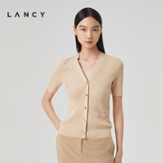 LANCY/朗姿女装2023春季通勤V领半袖针织开衫女通勤薄外套