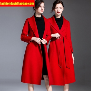 水波纹双面羊绒大衣女修身长款定制冬季红色双面昵羊毛大衣厚外套