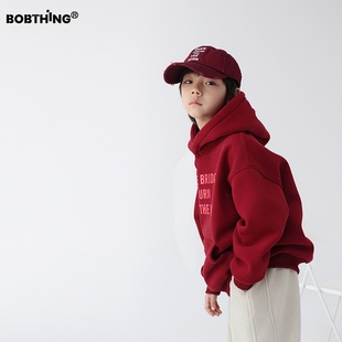 男童冬季一体绒连帽红卫衣儿童，加厚套头帽衫，外套年服潮童装打底衫