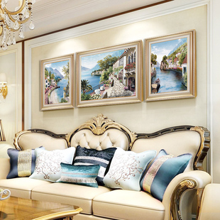 客厅装饰画欧美式沙发挂画大气三联地中海风景油画背景墙壁画