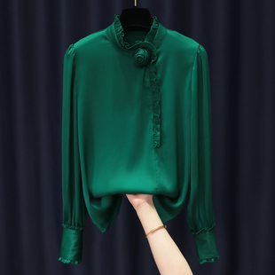 俏依芙欧货绿色缎面衬衫上衣女装秋装百搭长袖衬衣气质洋气小衫