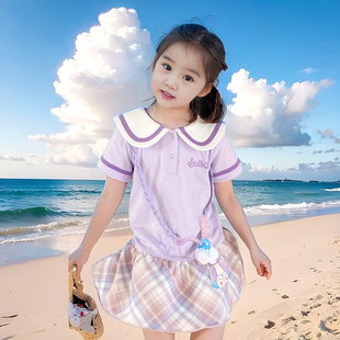 紫色格子jk学院风，连衣裙女童夏季可爱儿童小女孩公主裙子
