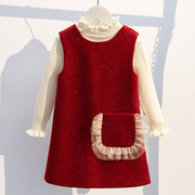 女童裙子秋冬装红色洋气毛呢，背心连衣裙毛衣，新年装公主儿童两件套