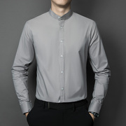 高级灰色小立领男士衬衫，长袖春秋季薄款改良中山装中式圆领无衬衣