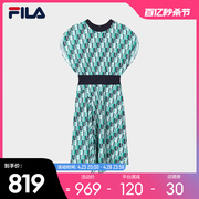 FILA Emerald斐乐女子梭织连衣裙2023秋季时尚休闲收腰短袖连身裙