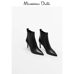 Massimo Duti2024女鞋黑色真皮尖头细高跟鞋弹力踝靴时装短靴