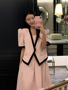 韩国chic夏季甜美小香风一粒扣撞色短袖外套，+a字背心连衣裙两件套