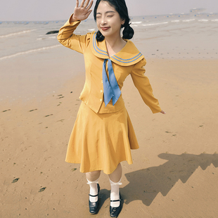 南君/昭和复古姜黄色休闲海军风领带jk制服修身长袖上衣+半裙套装