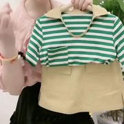 小女孩儿童宝宝夏季两件套街头风短袖，绿条纹t恤polo衫短裙裤套装
