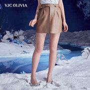 vjcolivia2023秋冬浅咖羊皮革，皮裙高腰气质，复古短裙女装