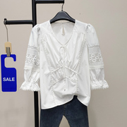 白色法式蕾丝衬衫女短袖夏季v领衬衣，复古系带七分泡泡袖上衣小衫