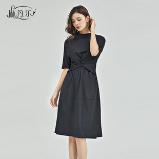 琳丹乐韩版春夏连衣裙 简约时尚假两件设计感修身收腰a字中袖黑色