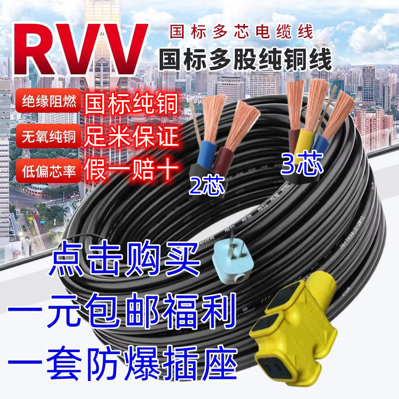 电缆线2.5国标纯铜芯RVV1.5电缆线3芯4/6/10/16平方户外2芯软电线