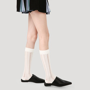 原创竖纹镂空纯白小腿袜，女生网眼薄款透气高弹微压小香风中长筒袜
