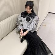 韩国chic秋冬法式复古圆领蕾丝，钩花卫衣+高腰显瘦网纱半身裙套装