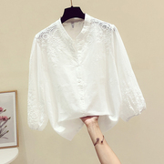 法式夏季绣花镂空白色宽松纯棉，短袖衬衫女v领七分袖日系上衣