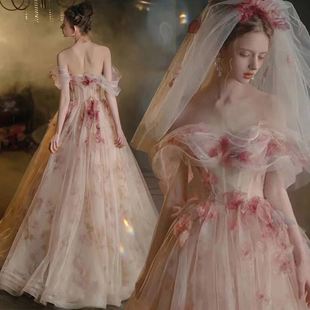 宴会晚礼服2024粉色花朵，新娘结婚订婚敬酒服婚纱演出服主持人