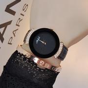 表腕表皮带表带简约黑色耐用水钻手表学生女米莉莎时尚