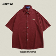 NOONOZ酒红色短袖衬衫男夏季宽松美式复古潮牌情侣设计感百搭衬衣