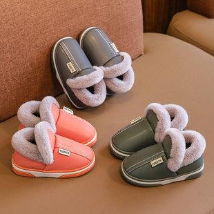儿童棉拖鞋包跟冬季女童pu皮面，防水小孩室内家居保暖男童宝宝棉鞋