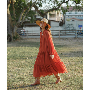 短短假日波西米亚复古慵懒风度假红色，灯笼袖宽松长袖连衣裙长裙