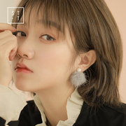 S925纯银耳钉女气质韩国个性创意简约大地灰色耳坠毛绒耳环圣诞