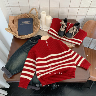 babysky品牌f0628冬款韩版儿童条纹，拉链衫红色毛衣新年服