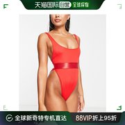 香港直邮潮奢asos女士设计高开叉(高开叉)松紧带，红色泳衣(-)