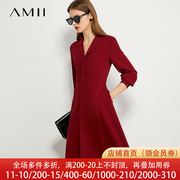 amii极简法式红色v领连衣裙2023春季收腰显瘦小黑裙衬衫裙子
