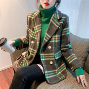 欧洲站秋冬法式毛呢外套，时尚洋气绿色格子西装，小个子呢子小西服女