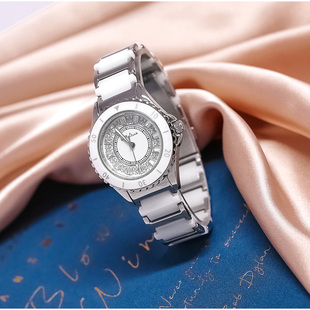 MELISSA玛丽莎品牌陶瓷钢带手表女士气质时尚简约气质黑白银带钻