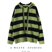 100%纯羊绒复古绿色条纹，连帽毛衣女冬宽松慵懒风套头长款针织衫