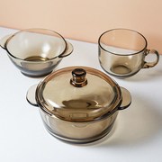 2021茶色玻璃汤碗学生宿舍带盖泡面碗耐高温家用碗碟餐具套装