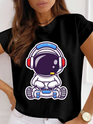 astronauttshirt夏季女装黑色卡通，宇航员印花圆领大码亲子装