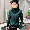 秋冬季加绒衬衫女长袖修身气质墨绿色上衣，韩版设计感打底衬衣