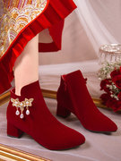 新娘孕妇敬酒服订婚加绒短靴婚宴，冬季小禾秀婚纱高跟婚鞋两穿红鞋