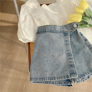 童装女童短裤2024夏季韩版牛仔，假两件薄款夏装女宝宝牛仔裙裤