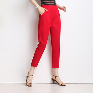 红色女裤九分裤弹力高腰松紧萝卜，裤八分哈伦，裤小个子裤子春季长裤