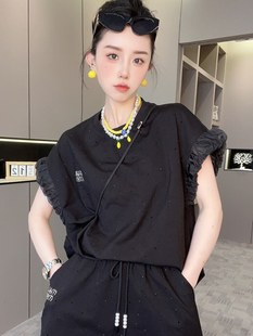 rrfashion短袖圆领，上衣抽绳高腰短裤套装，两件套女2024夏季