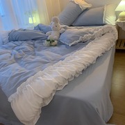 韩式公主风床上四件套蓝色荷叶花边被套床单床品宿舍三件套床裙款