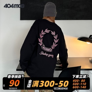 404MOB重磅男美式复古潮牌印花嘻哈休闲百搭上衣春秋圆领长袖t恤