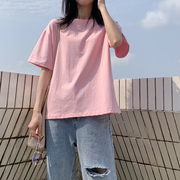 简约粉色t恤女宽松学生韩版夏季棉质原宿风纯色内搭短袖体恤上衣